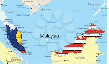 Royalty Free Clipart Image of a Map of Malaysia With the Flag Painted on It
