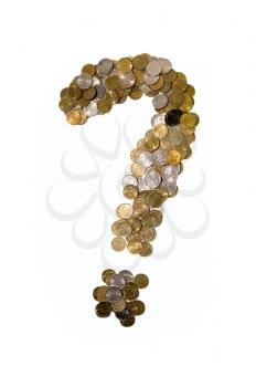 Coins as question mark on white
