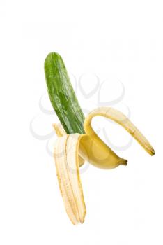 Royalty Free Photo of a Cucumber in a Banana Peel
