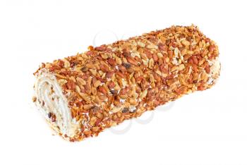 Nuts Swiss roll closeup isolated on a white background