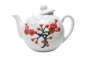 Teapot in asian style with flowers. Isolated on white.