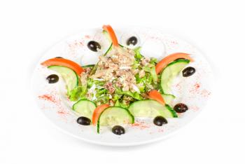 Salad of tuna fish with string beans, eggs, lettuce, boiled potato and fresh cucumbers and tomato