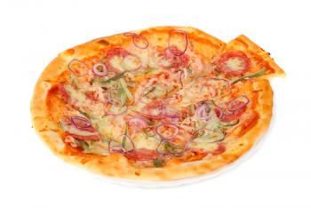 pizza closeup with smoked meat, salami, gherkin, onion and mozzarella cheese