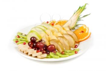 Fruit assortment closeup at plate on a white background