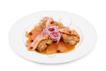 Royalty Free Photo of Roast Pork With Bacon, Onion and Cranberries