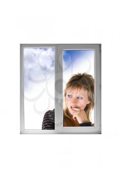 Thinking Girl at window on white