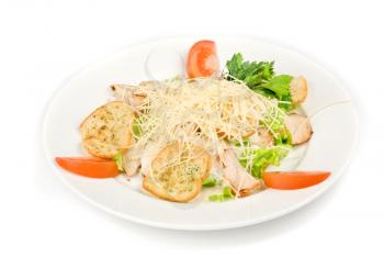 Tasty Salad dish with dried crust, vegetables, greens and cheese