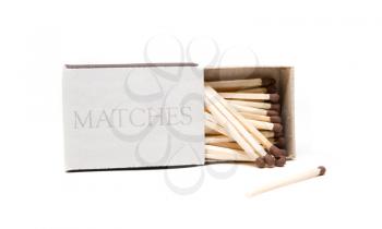 Matches in opened box isolated on white background