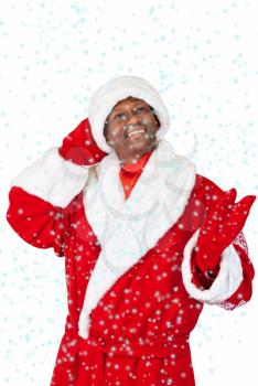surprised black santa claus with snow on a white background