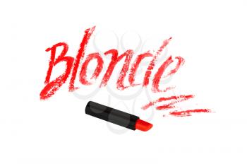 Inscription lipstick blonde  isolated on white background