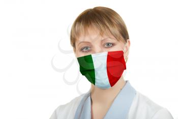 Closeup of a female healthcare professional nurse wearing a protection mask with Italy flag