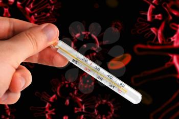 Hand with a medical thermometer on 3d generated COVID-19 background. Concept of corona virus.