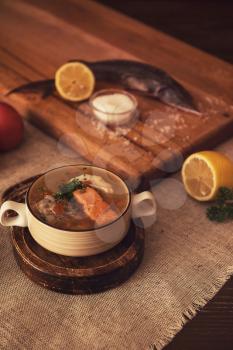 Tasty fish soup - ukha, soup from different fishes and vegetables