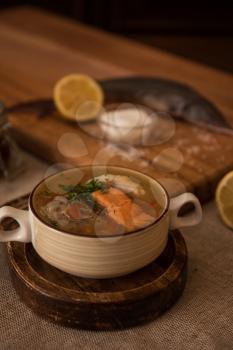 Tasty fish soup - ukha, soup from different fishes and vegetables