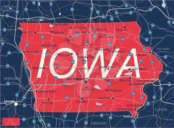 Iowa state detailed editable map with with cities and towns, geographic sites, roads, railways, interstates and U.S. highways. Vector EPS-10 file, trending color scheme