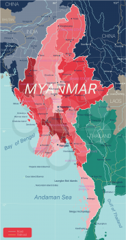 Myanmar country detailed editable map with regions cities and towns, roads and railways, geographic sites. Vector EPS-10 file
