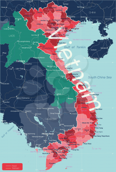 Vietnam country detailed editable map with regions cities and towns, roads and railways, geographic sites. Vector EPS-10 file