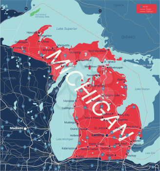 Michigan state detailed editable map with cities and towns, geographic sites, roads, railways, interstates and U.S. highways. Vector EPS-10 file, trending color scheme