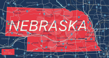 Nebraska state detailed editable map with cities and towns, geographic sites, roads, railways, interstates and U.S. highways. Vector EPS-10 file, trending color scheme
