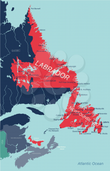 Newfoundland and Labrador province vector editable map of the Canada with capital, national borders, cities and towns, rivers and lakes. Vector EPS-10 file