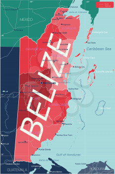 Belize country detailed editable map with regions cities and towns, roads and railways, geographic sites. Vector EPS-10 file