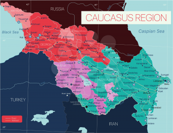 Caucasus region detailed editable map with regions cities and towns, roads and railways. Vector EPS-10 file