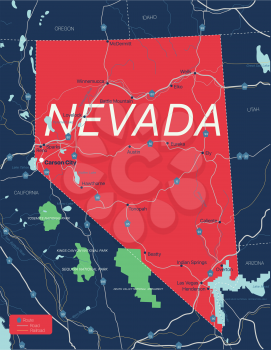 Nevada state detailed editable map with cities and towns, geographic sites, roads, railways, interstates and U.S. highways. Vector EPS-10 file, trending color scheme