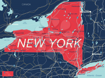 New York state detailed editable map with cities and towns, geographic sites, roads, railways, interstates and U.S. highways. Vector EPS-10 file, trending color scheme