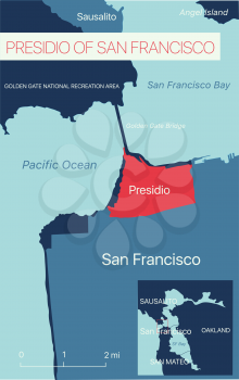 Presidio of San Francisco editable map with cities and towns, geographic sites. Vector EPS-10 file, trending color scheme