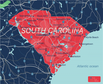 South Carolina state detailed editable map with cities and towns, geographic sites, roads, railways, interstates and U.S. highways. Vector EPS-10 file, trending color scheme
