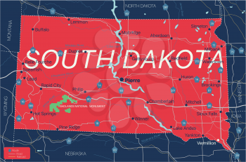 South Dacota state detailed editable map with cities and towns, geographic sites, roads, railways, interstates and U.S. highways. Vector EPS-10 file, trending color scheme