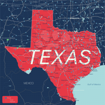 Texas state detailed editable map with cities and towns, geographic sites, roads, railways, interstates and U.S. highways. Vector EPS-10 file, trending color scheme