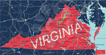 Virginia state detailed editable map with cities and towns, geographic sites, roads, railways, interstates and U.S. highways. Vector EPS-10 file, trending color scheme