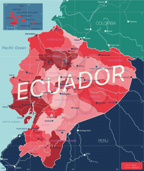 Ecuador country detailed editable map with regions cities and towns, roads and railways, geographic sites. Vector EPS-10 file