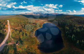 Aerial drone view of the lake of Kidelyu near the Ulagan mountain pass, Altai Republic, Russia