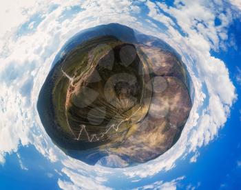 360 spherical panorama of aerial view to the Katu Yaryk mountain pass and the valley of the river of Chulyshman. Altai Republic, Russia, beautiful summer day. Virtual reality content