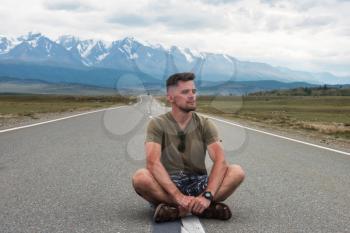 Man on the beauty road in Altai mountain