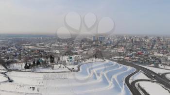 Aerial shot of main view to Barnaul city, Siberia, Russia. Winter sunny day