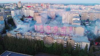 Aerial shots of house burning in the city Barnaul, Altai territory, Russia