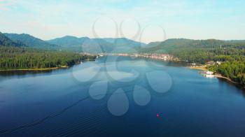 Aerial view of Lake Teletskoe, sunny summer morning, Altai mountines, Russia