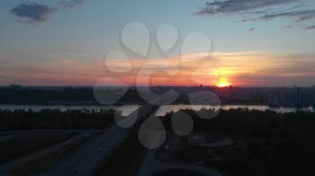 BARNAUL - JUNE, 07 Aerial view to bridge, beauty sunset summer sky in June 07, 2020 in Barnaul , Siberia, Russia