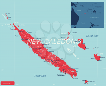 New Caledonia detailed editable map with cities and towns, geographic sites. Vector EPS-10 file