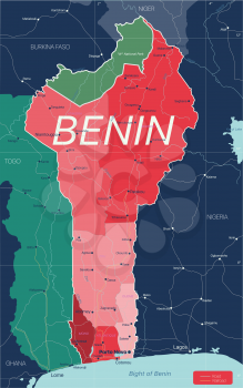Benin country detailed editable map with regions cities and towns, roads and railways, geographic sites. Vector EPS-10 file
