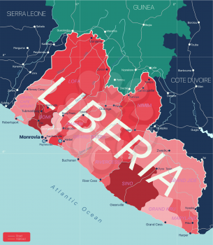 Liberia country detailed editable map with regions cities and towns, roads and railways, geographic sites. Vector EPS-10 file