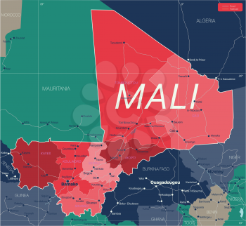 Mali country detailed editable map with regions cities and towns, roads and railways, geographic sites. Vector EPS-10 file
