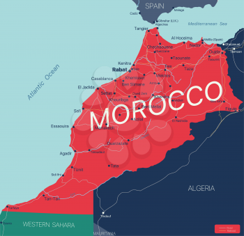 Morocco country detailed editable map with regions cities and towns, roads and railways, geographic sites. Vector EPS-10 file