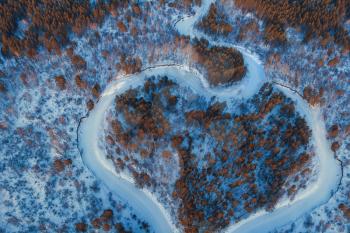 Aerial view of a heart shaped winter forest with frozen river