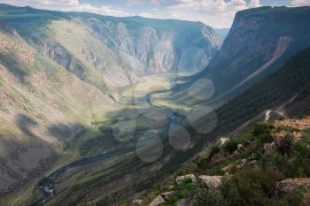 Panorama of the Katu Yaryk mountain pass and the valley of the river of Chulyshman. Altai Republic, Russia, beautiful summer day