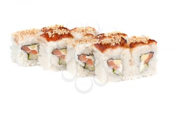 Roll made of salmon, cream cheese, and avocado inside with smoked eel and sesame at top