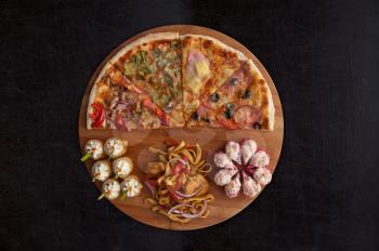 composition at plate by pizza and sushi for fast food illustration 